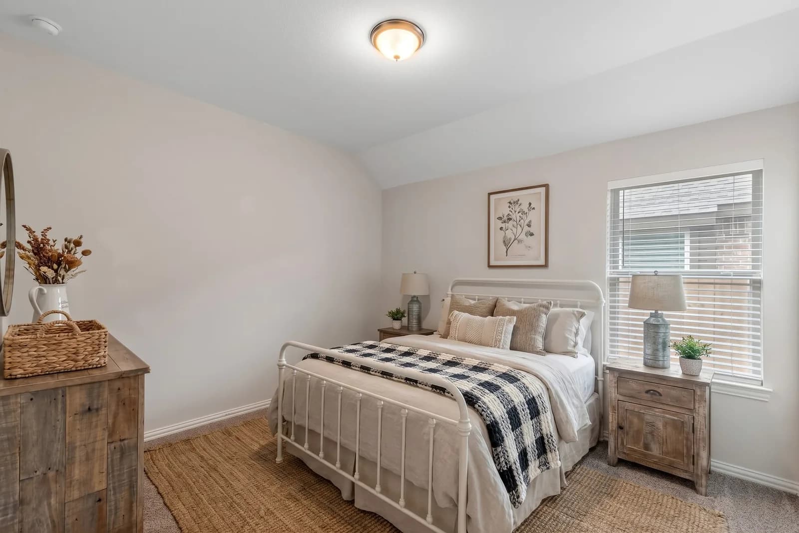 Bedroom, virtually staged in a Farmhouse style by AI