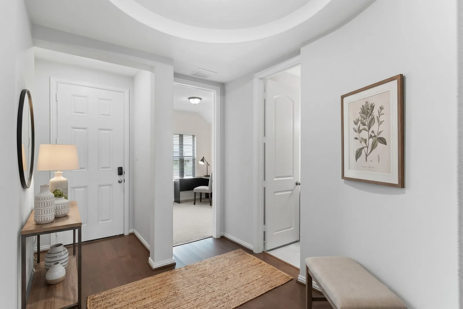Entry hall, virtually staged in a Transitional style by AI