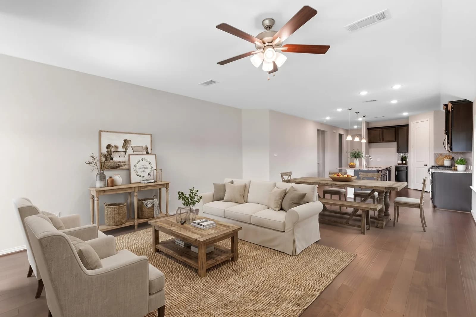 Living & dining room, virtually staged in a Farmhouse style by AI