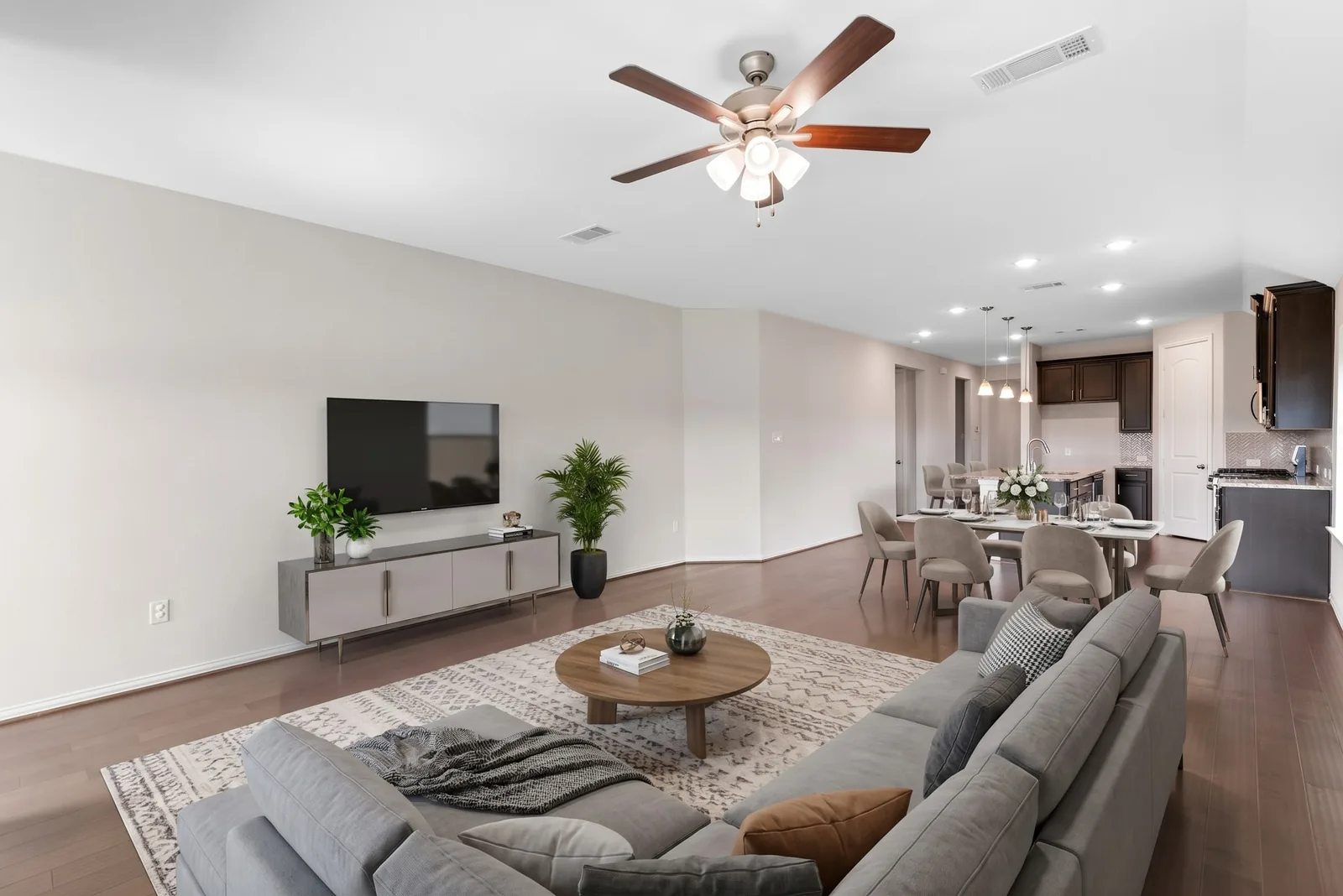 Living & dining room, virtually staged in a Modern style by AI