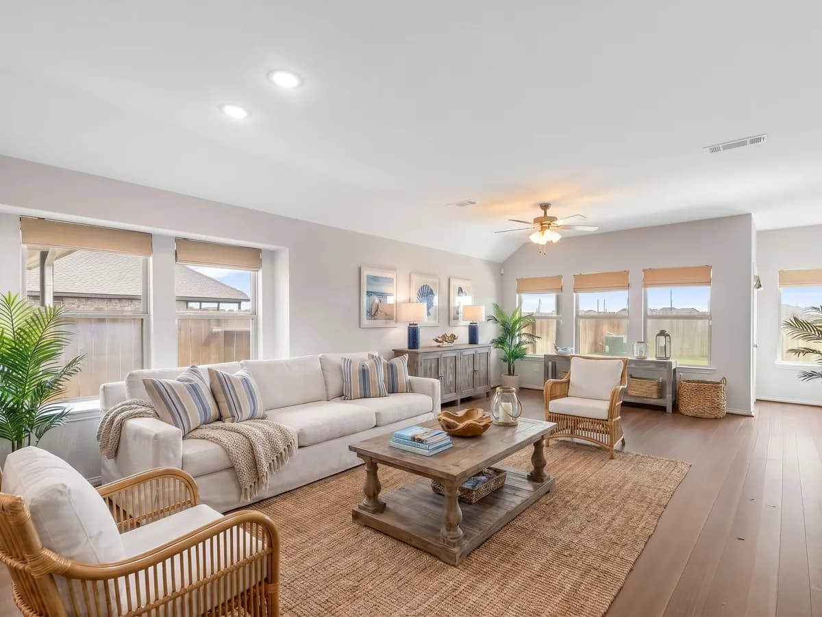 Coastal virtual staging style — family room, staged by AI