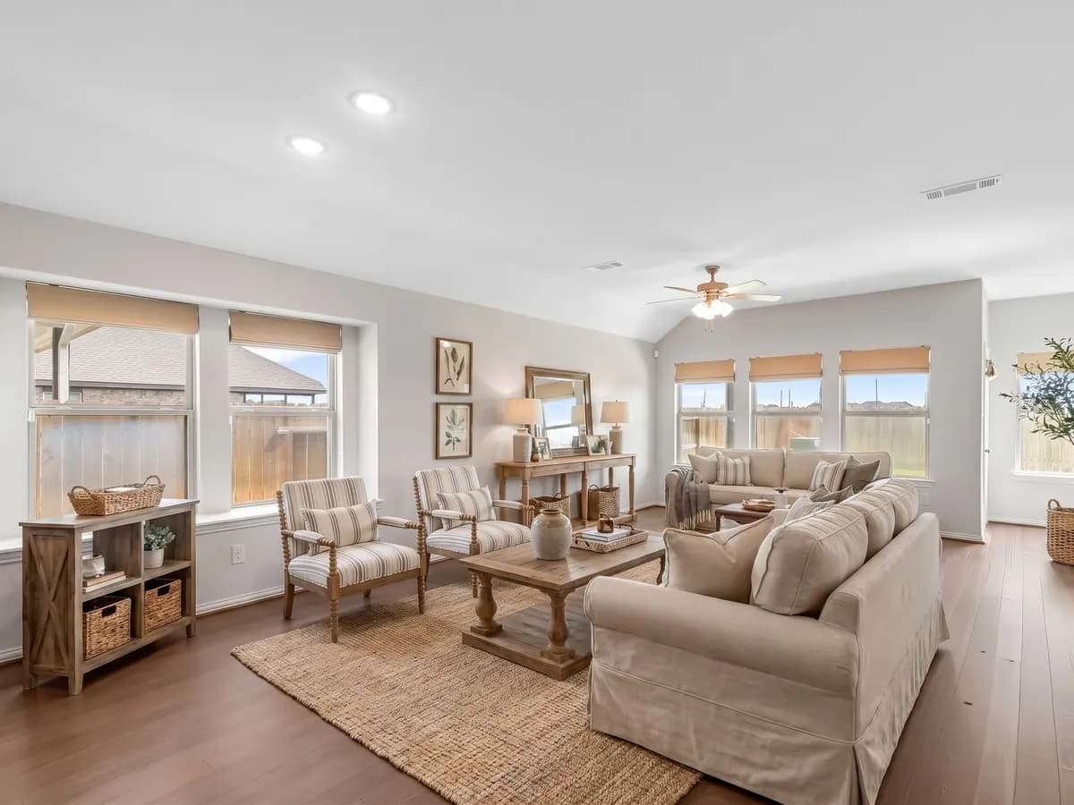 Farmhouse virtual staging style — family room, staged by AI