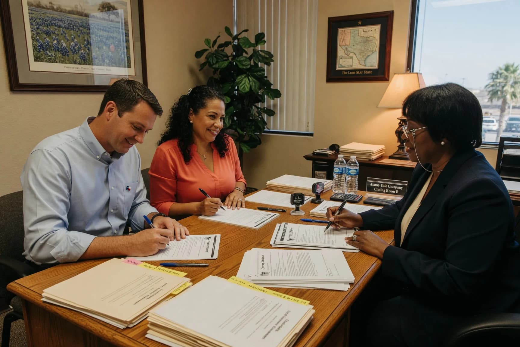 Texas couple signing closing documents at a title company, calm and positive expressions at the finish line
