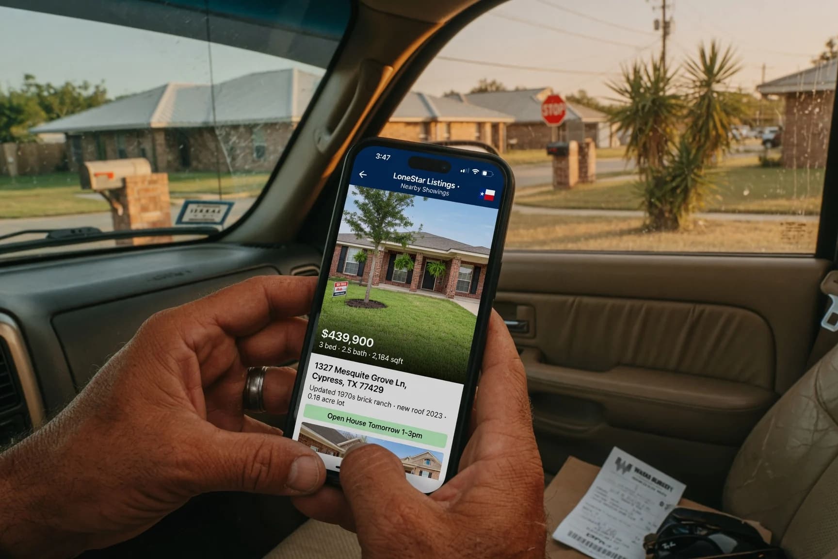 Texas homebuyer viewing a property listing on a smartphone — home found via MLS syndication to all major portals