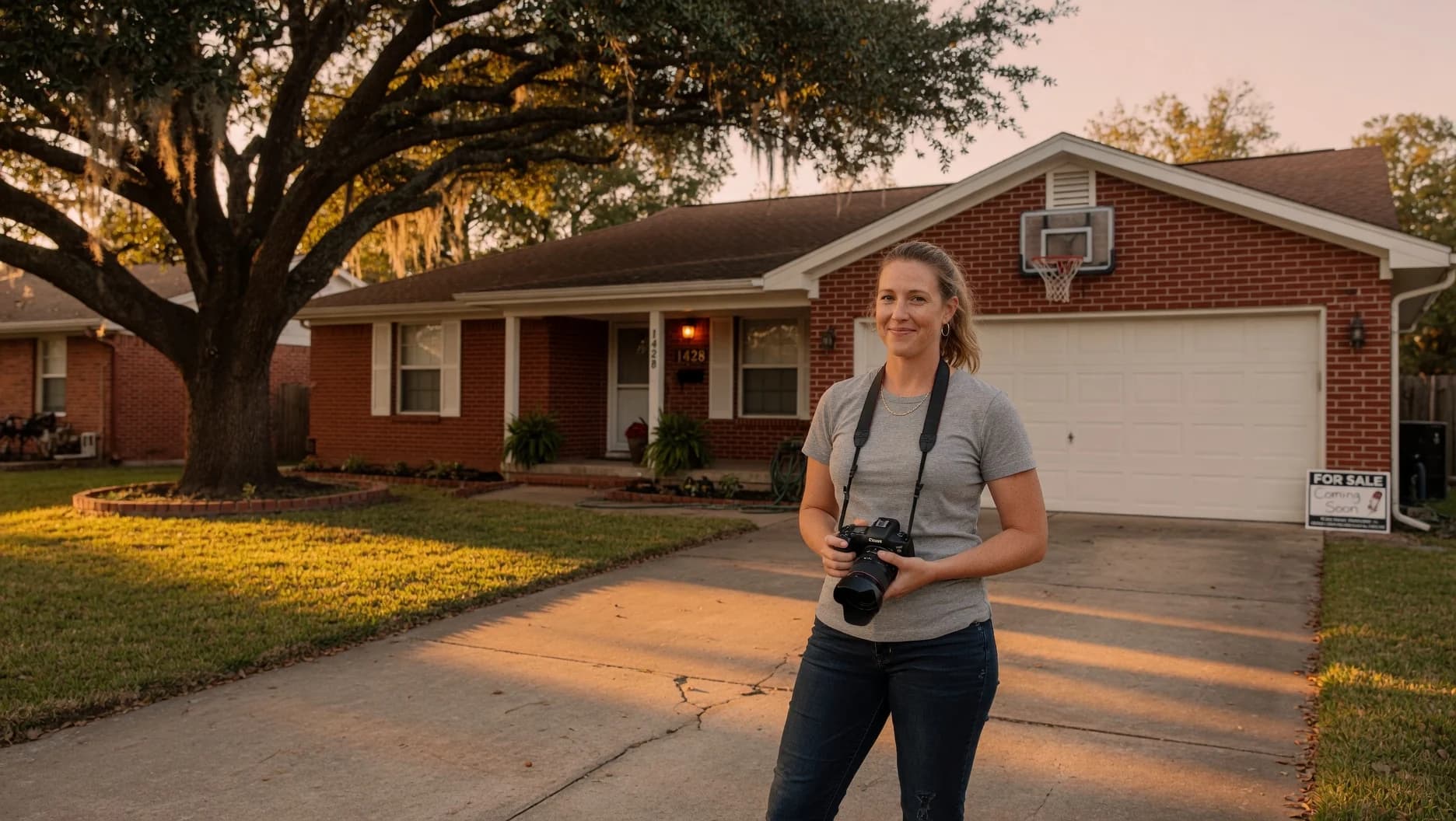 Confident Texas homeowner with camera in hand, ready to photograph her brick home for an MLS listing