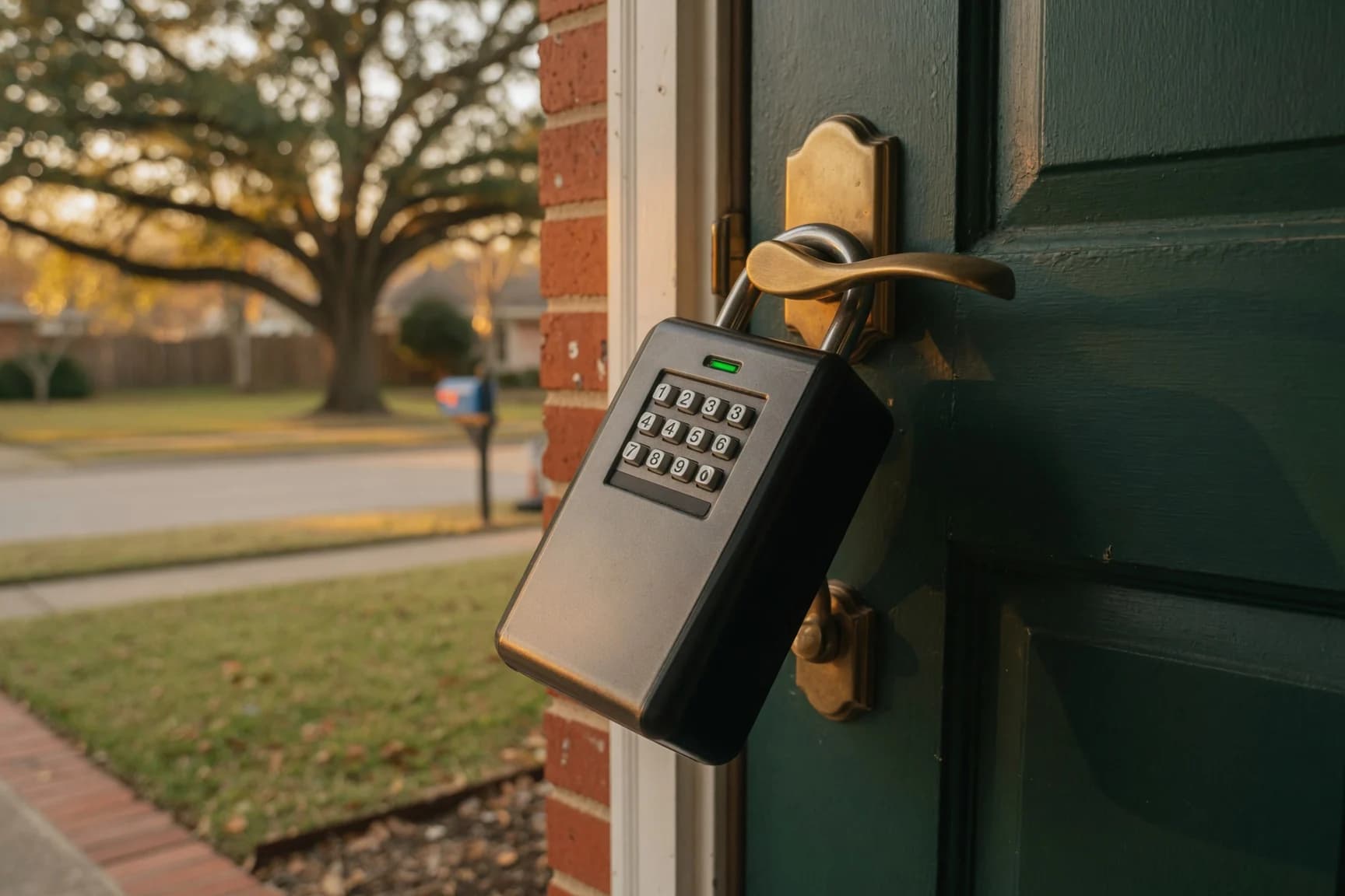 Real estate combination lockbox on the front door handle of a Texas brick home, suburban neighborhood in soft focus behind