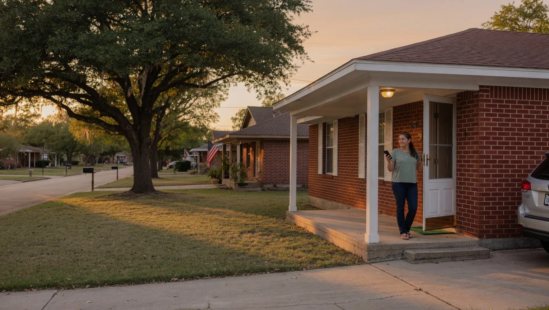 Confident Texas homeowner standing outside her brick home at golden hour