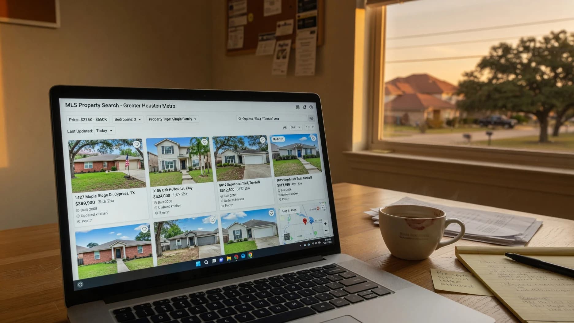 Laptop screen showing a real estate MLS property search interface, Texas neighborhood visible through the window behind